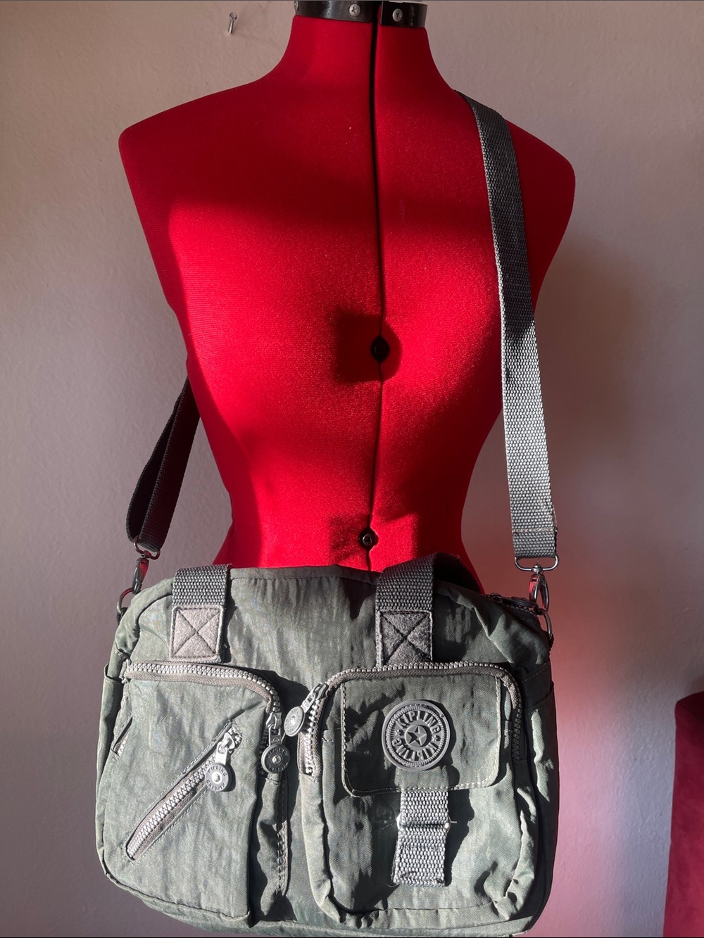 Kipling Olive Green Crossbody Messenger Bag with Gray Strap